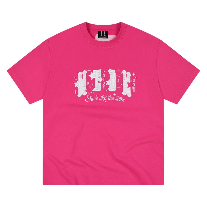 MEDM Little Fragrance Patch Logo Star Pearl Nail Embroidery Casual Short Sleeve Loose Round Neck Couple T-shirt Summer