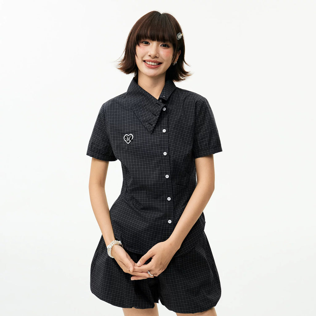 MEDM heart-shaped checkered slanted waist casual short sleeved shirt with sweet and cool embroidery, slim fit and slimming short top for women