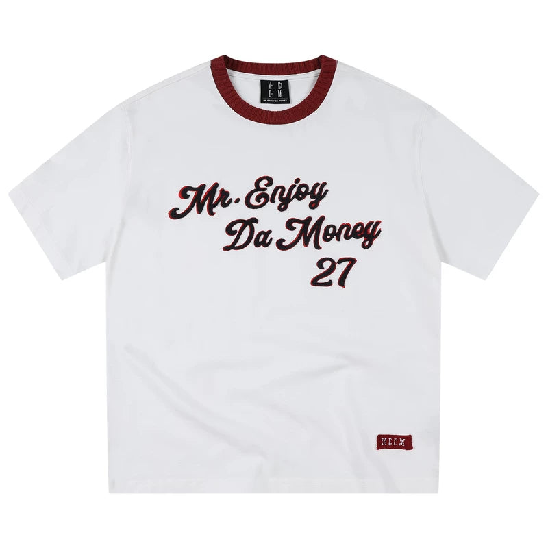 MEDM Color Knitted Letter Plush Round Neck Casual T-shirt Trendy Commuter Men's and Women's Loose Knitted Neck Short Sleeve Summer
