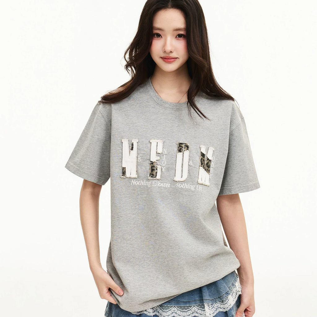 MEDM color blocking patch destroys letter logo embroidery casual round neck short sleeved trendy versatile loose couple T-shirt