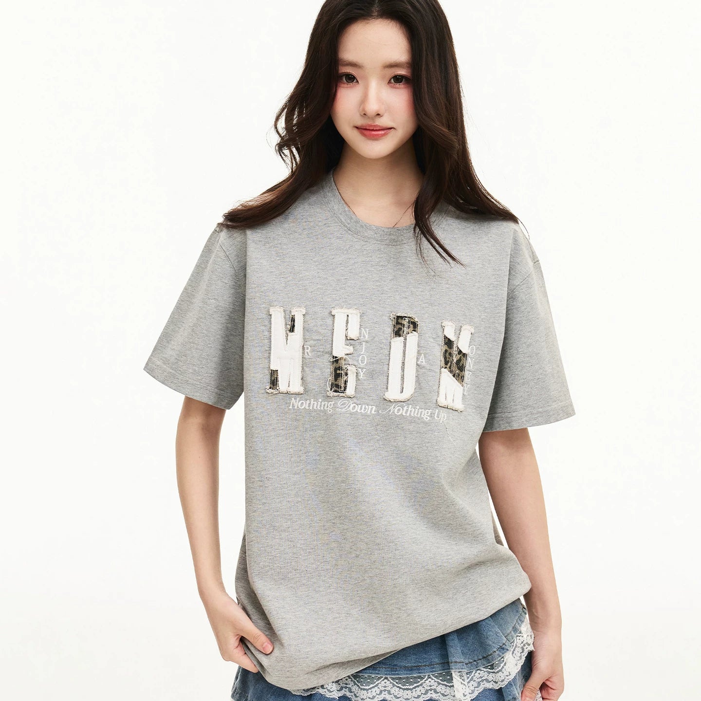 MEDM color blocking patch destroys letter logo embroidery casual round neck short sleeved trendy versatile loose couple T-shirt