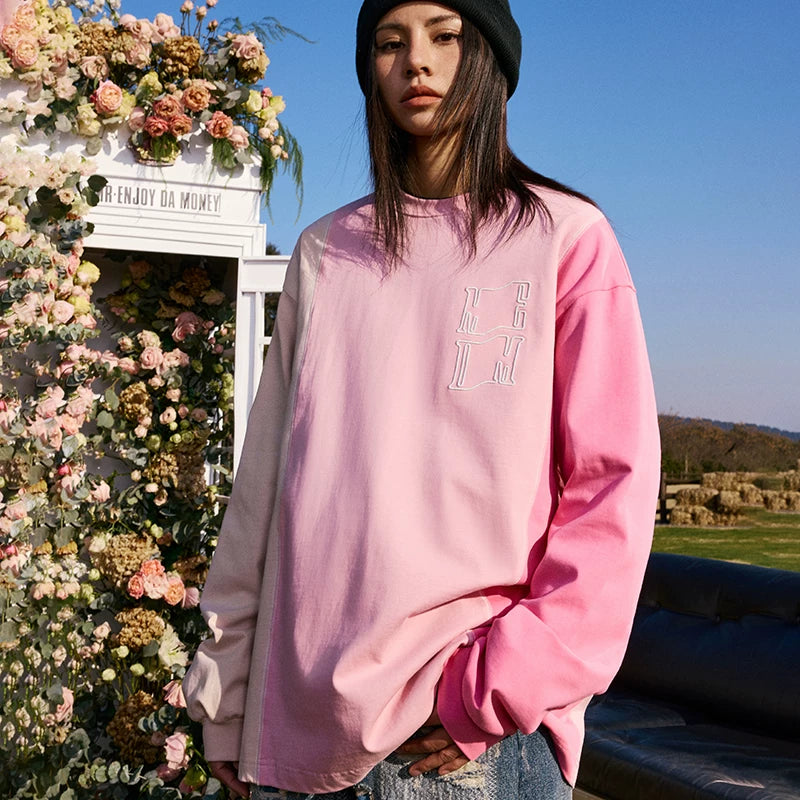 MEDM tricolor stitched letter embroidered round neck long sleeved t-shirt for men and women, ins trendy loose casual base shirt top