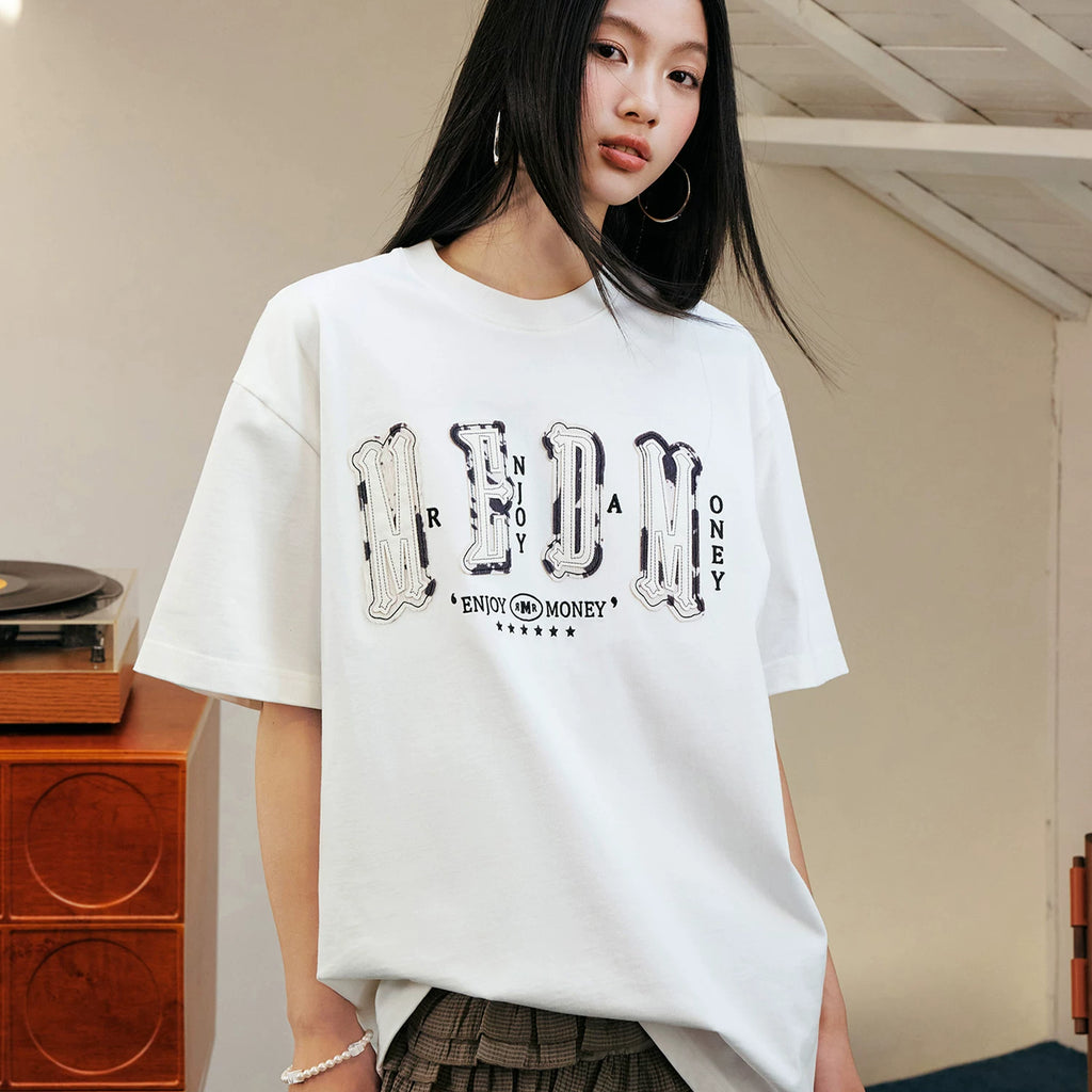 MEDM letter leather short sleeved T-shirt for men 2026 new style American retro casual five and a half sleeved shirt tee