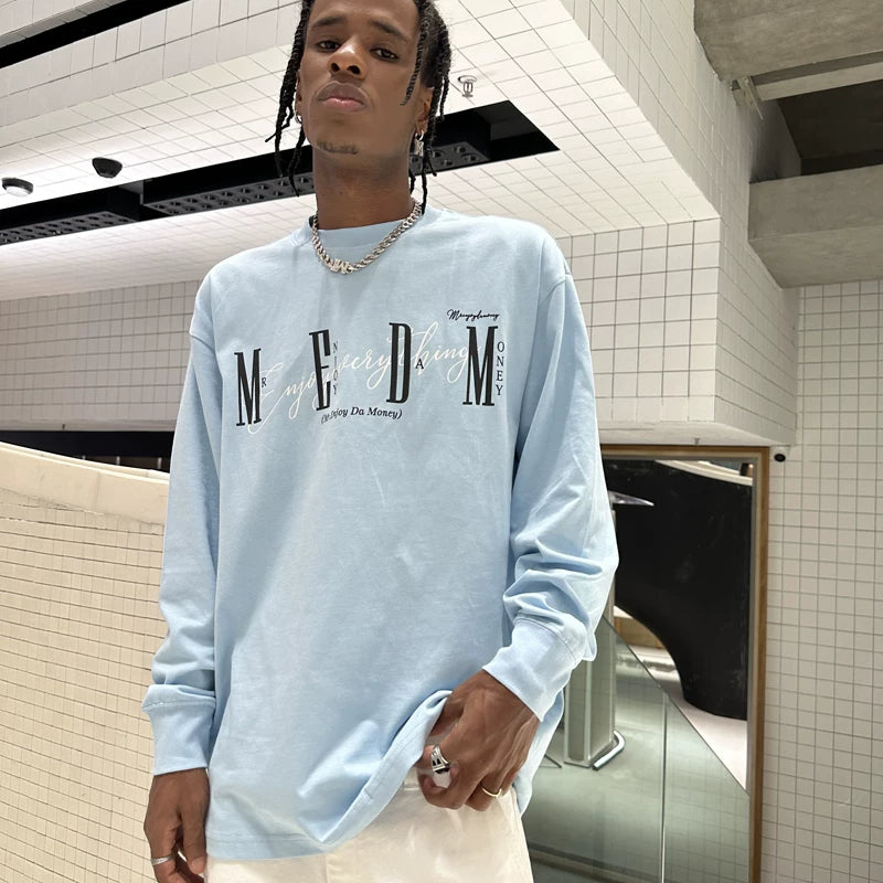 MEDM China-Chic Basic Printing Long Sleeve T-shirt for Men and Women Autumn American Loose Couple Dress Casual T-shirt Backing Shirt