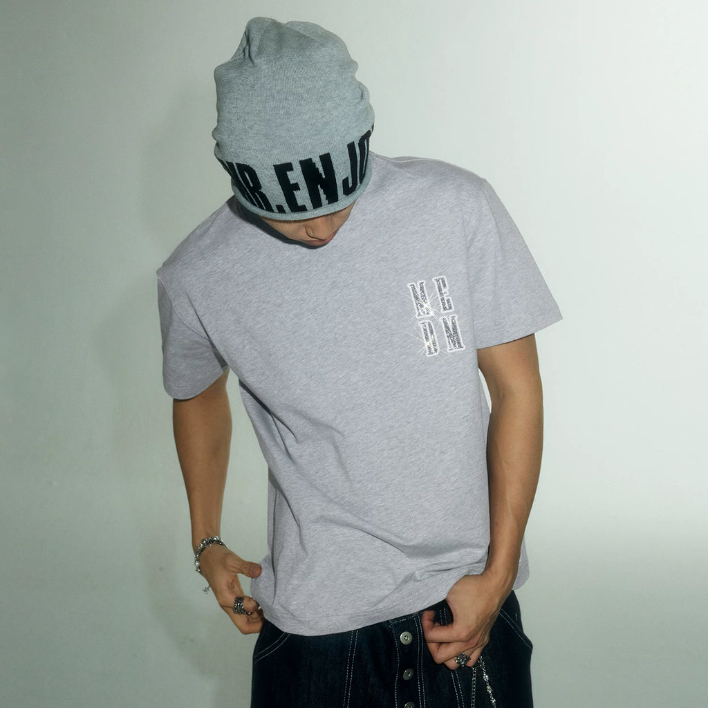 MEDM 3D rhinestone four letter casual micro silhouette short sleeved trendy simple and versatile heavyweight pure cotton T-shirt for men and women