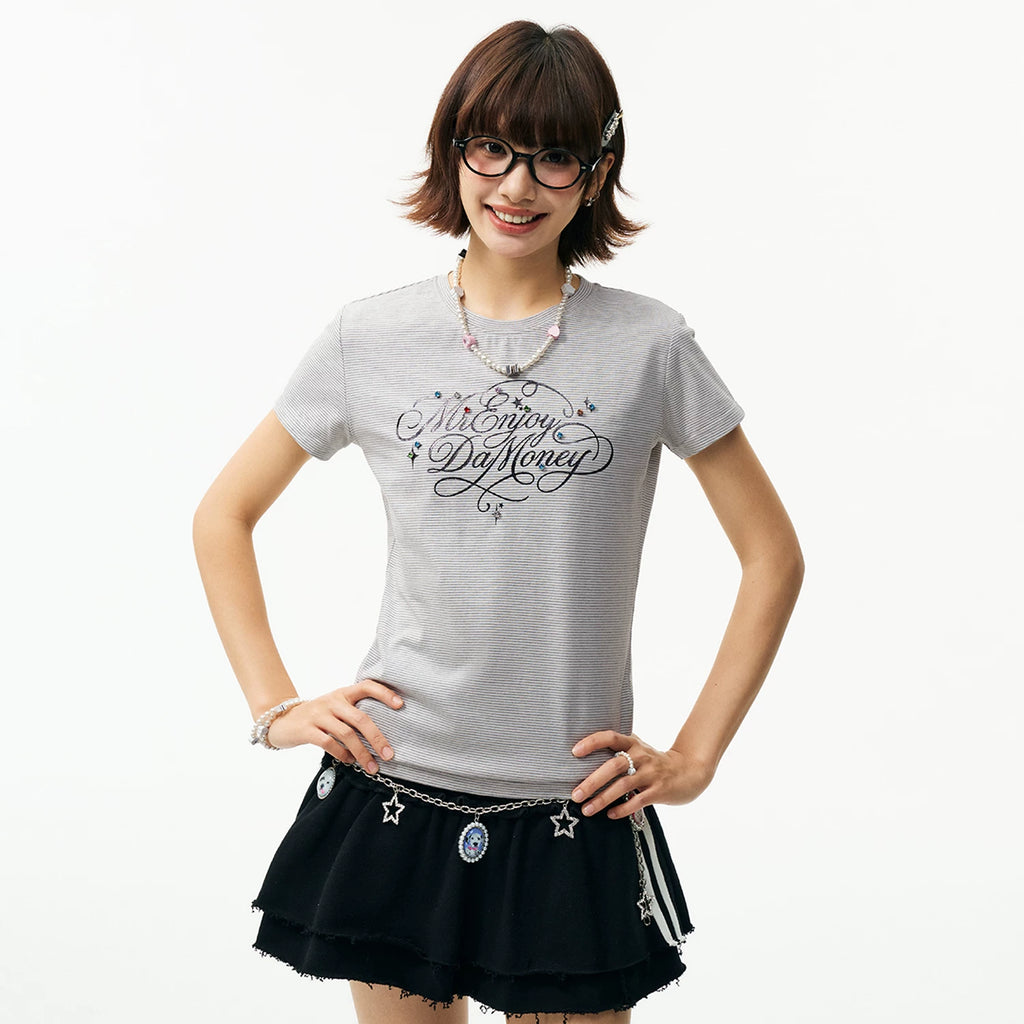 MEDM floral font hot stamping diamond nail drill skin friendly and scratch resistant casual round neck short sleeved comfortable slim fit and slimming T-shirt for women