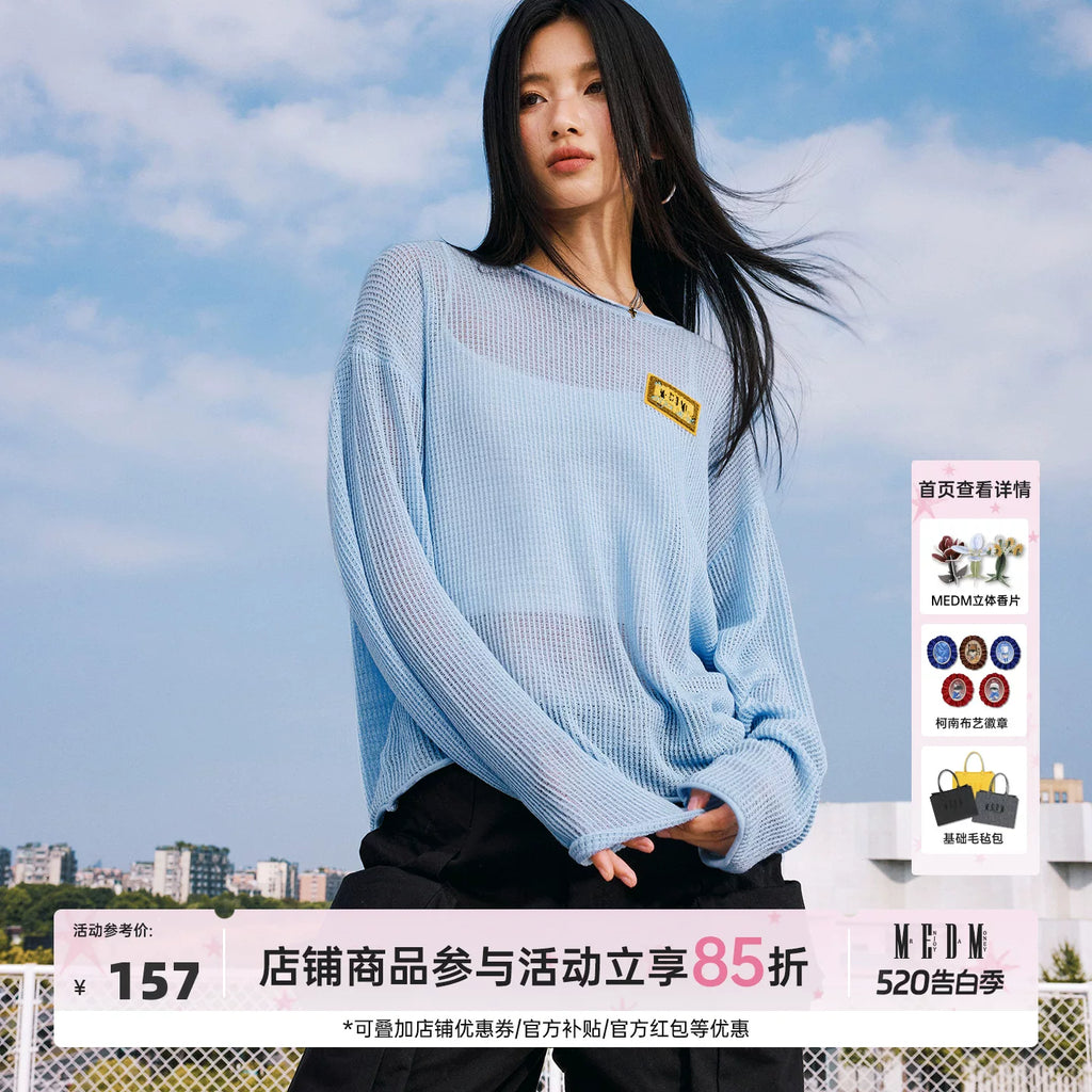 MEDM solid color towel embroidered logo pullover casual round neck mesh shirt 2025 new long sleeved loose knit shirt top for autumn