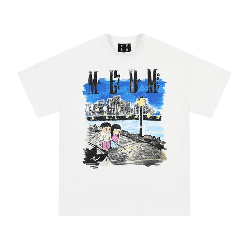 MEDMxNewsus collaboration night stroll short sleeved T-shirt for men and women, American high street round neck loose couple T-shirt