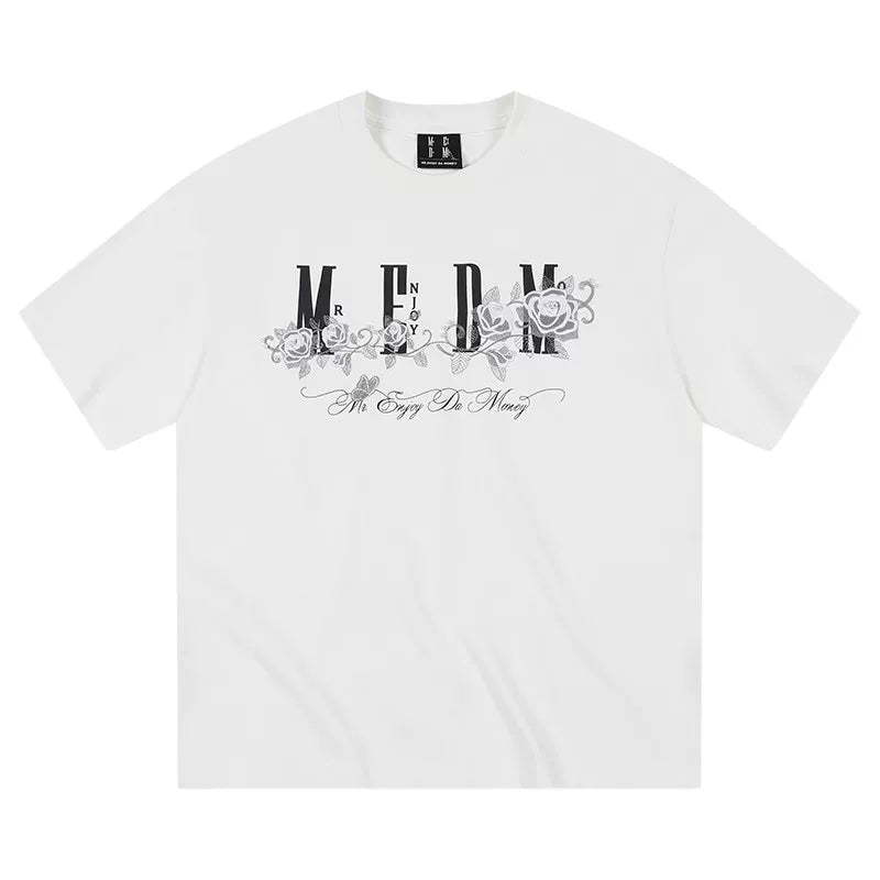 MEDM26SS Ice Rose Embroidered Nail Bead Printed LOGO Short sleeved Men's T-shirt American Retro Summer Top Trendy