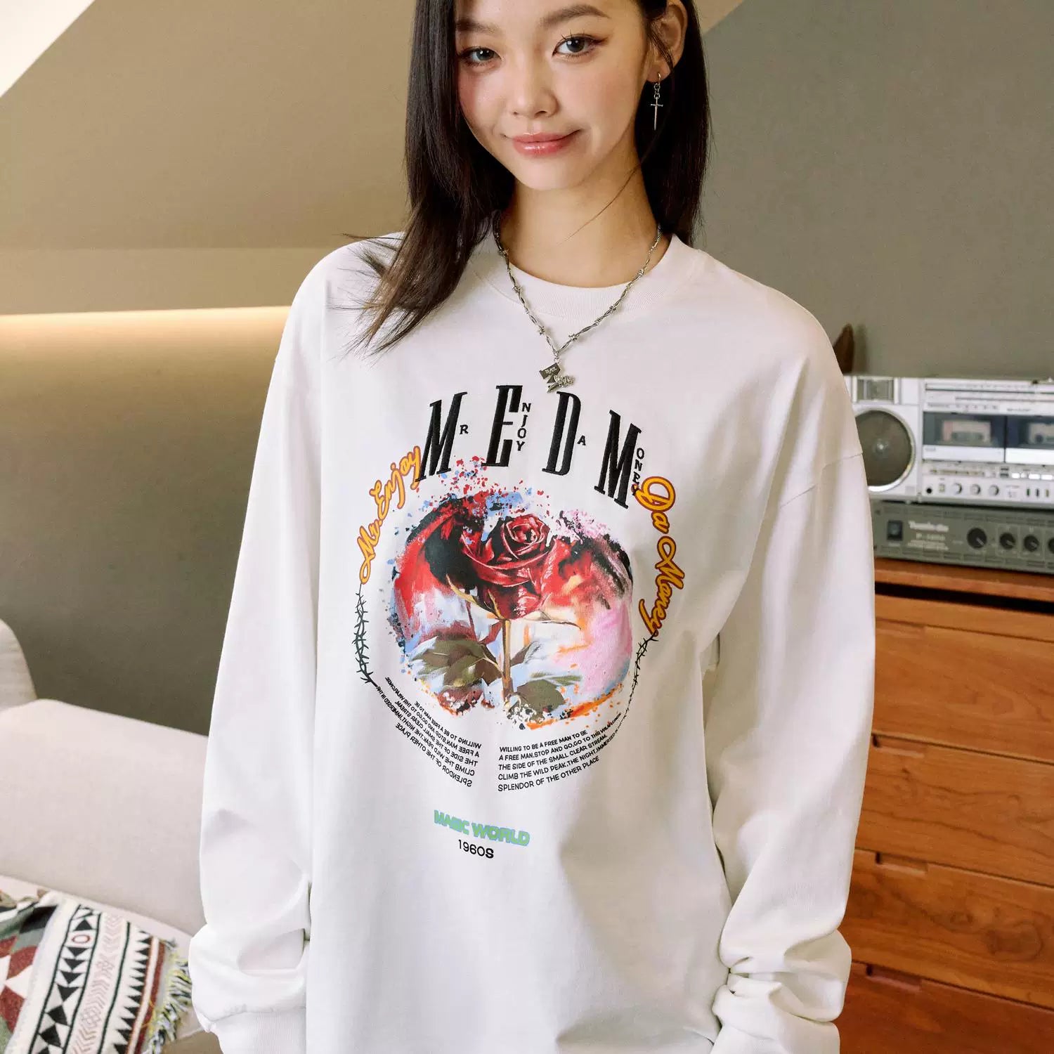 MEDM Flower Thorn Round Text Layout Long Sleeve T-shirt Spring and Autumn Men's Trendy Brand American Casual T-shirt Top
