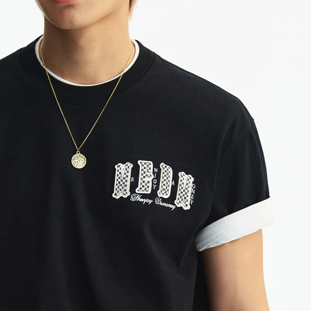MEDM Basic Micro Wide Double Layer Leather Casual Round Neck Short Sleeve American Retro Street Versatile Loose T-shirt for Men and Women