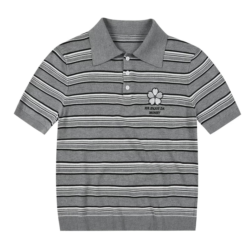 MEDM fine stripe three-dimensional small flower embroidery men's casual lapel polo knitted shirt loose short sleeved top summer