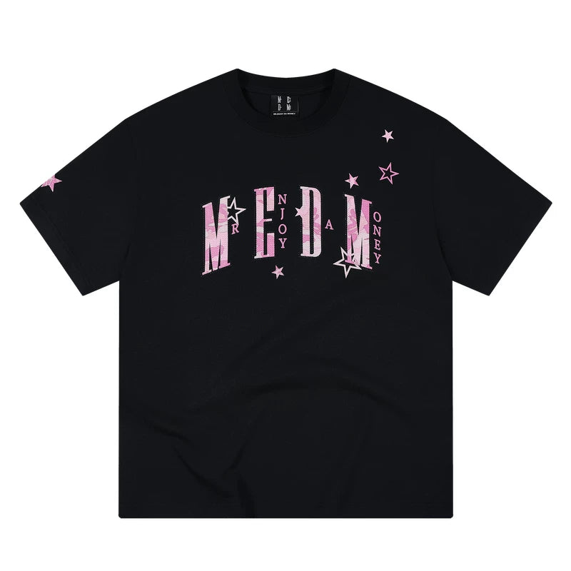 MEDM Camouflage Letter Sticker Diamond Simple Casual Round Neck T-shirt Street Relaxation Loose Look Slim Couple Short Sleeve Summer