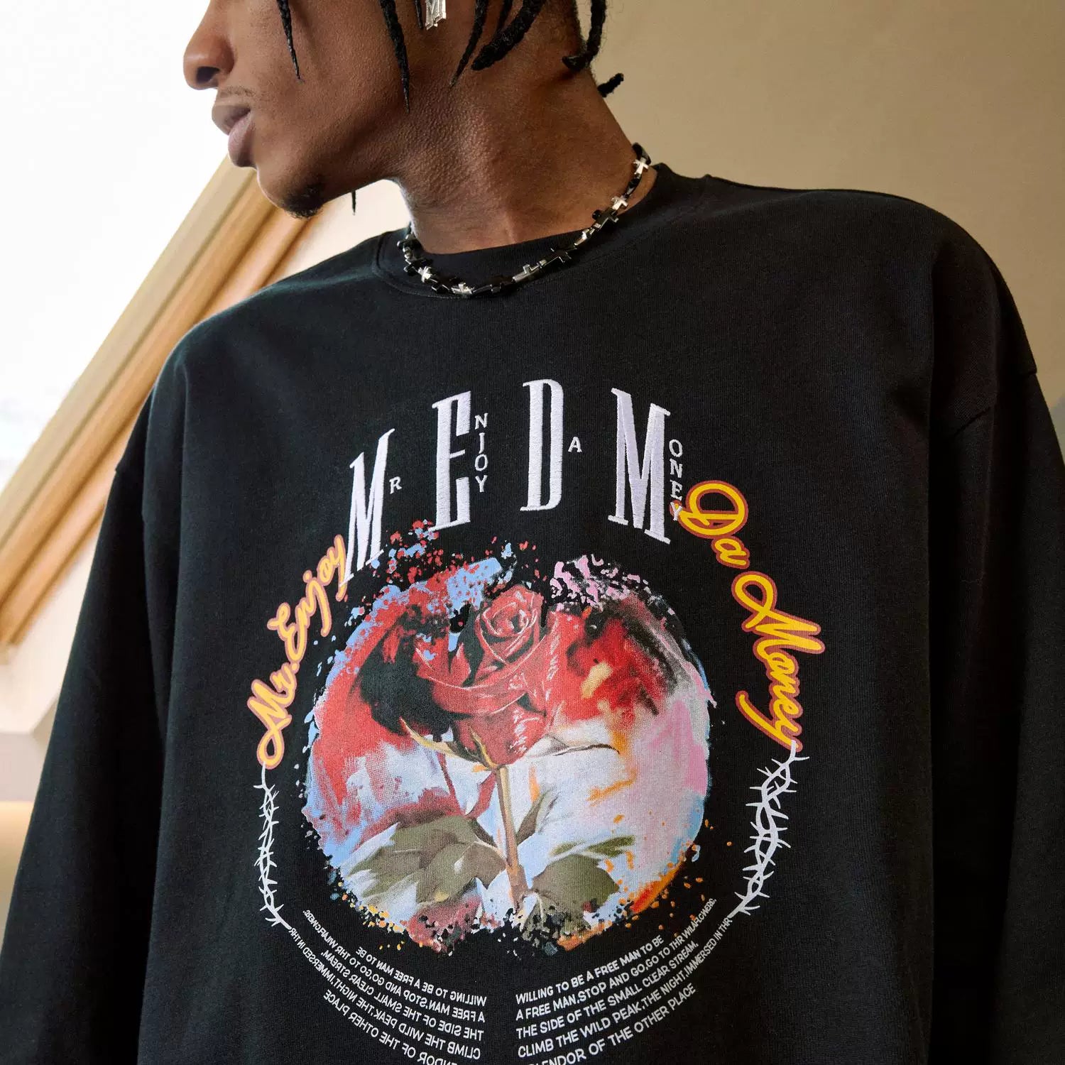MEDM Flower Thorn Round Text Layout Long Sleeve T-shirt Spring and Autumn Men's Trendy Brand American Casual T-shirt Top