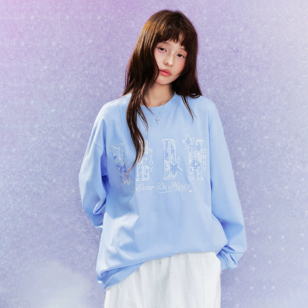 MEDM letter hollowed out flower patch casual long sleeved T-shirt simple and versatile commuting round neck couple top for spring and autumn