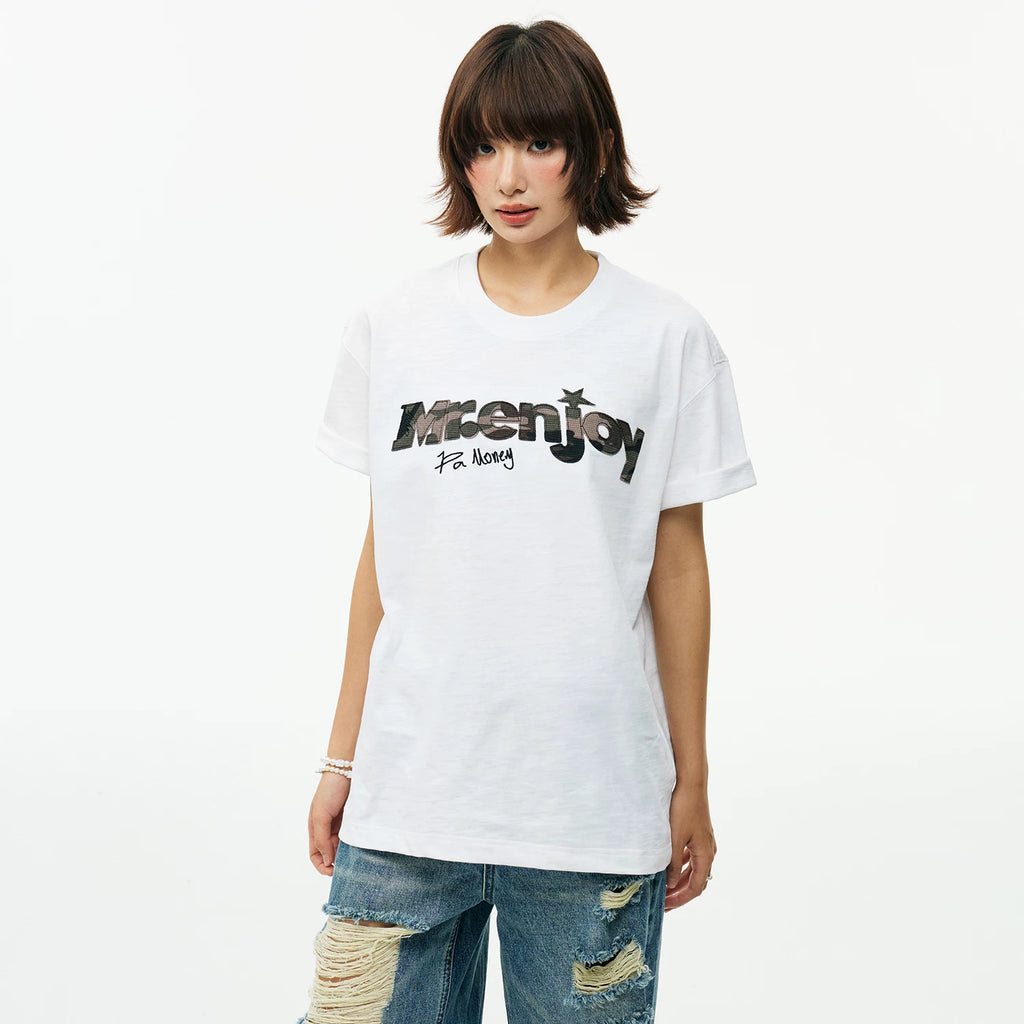 MEDM bamboo cotton camouflage printed torn edge patch embroidered casual round neck short sleeved trendy street loose men's and women's T-shirt