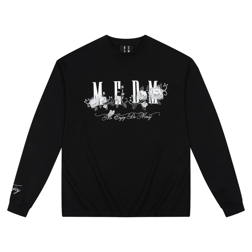 MEDM Ice Rose Embroidered Nail Bead Printed LOGO Casual Long Sleeve T-shirt Trendy Round Neck Loose Bottom Shirt Autumn