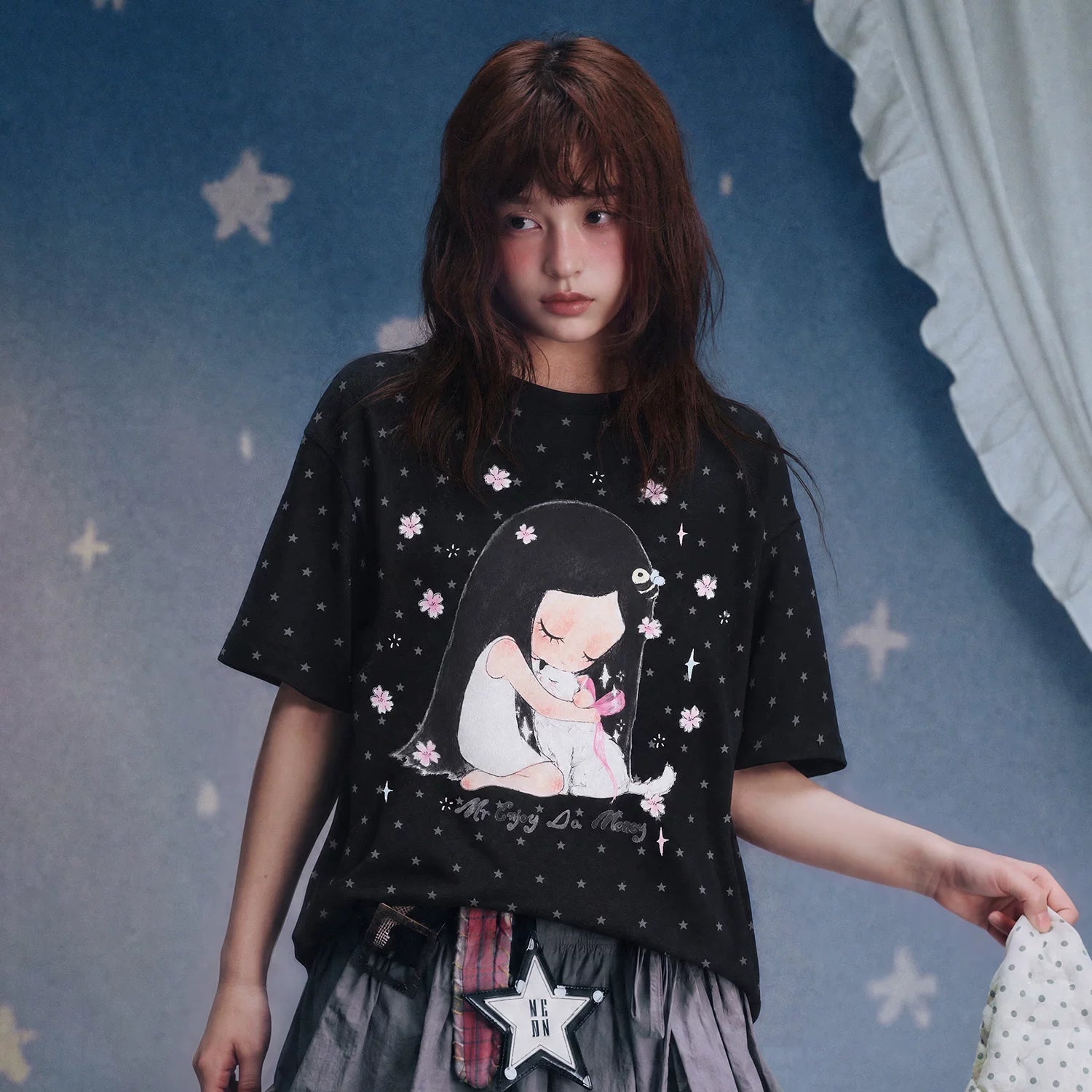 MEDM × Iria's mailbox joint guardian kitten print full star casual small version short sleeved round neck T-shirt