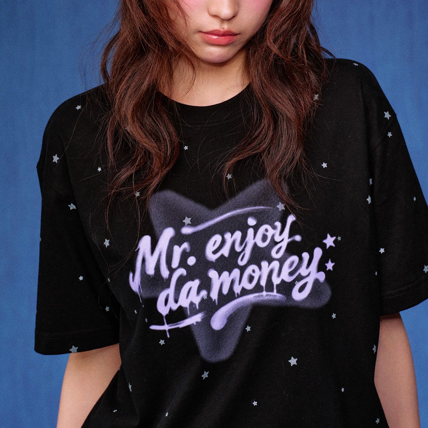 MEDM Full Star Wave Dot Color Hand drawn Word T-shirt Trendy Versatile Sweet Cool Style Casual Round Neck Short Sleeve Men and Women