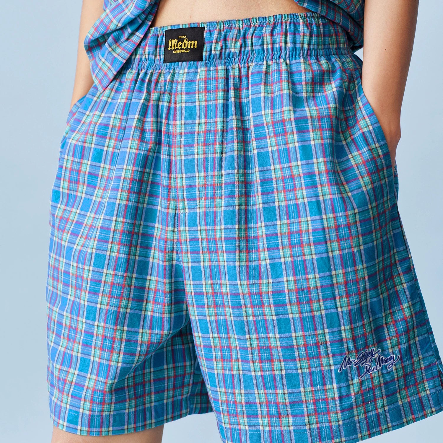 MEDM plaid beach wide leg logo labeled casual pants 26 new loose fitting unisex plaid shorts for summer