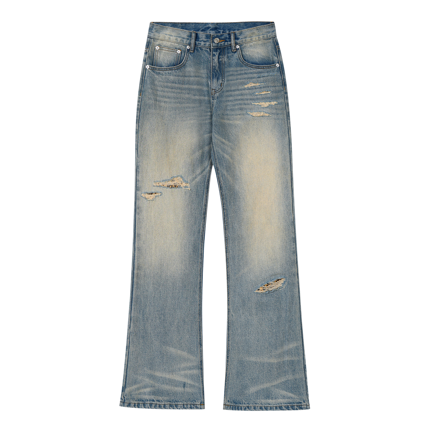 MEDM bamboo striped denim with heavily worn leather, patchwork horsehair, micro flared jeans, washed and worn casual pants for men