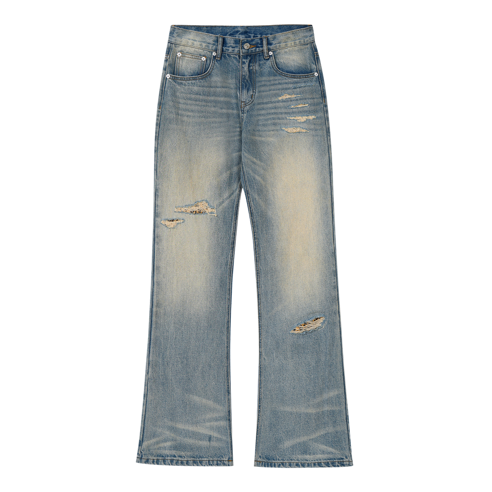 MEDM bamboo striped denim with heavily worn leather, patchwork horsehair, micro flared jeans, washed and worn casual pants for men