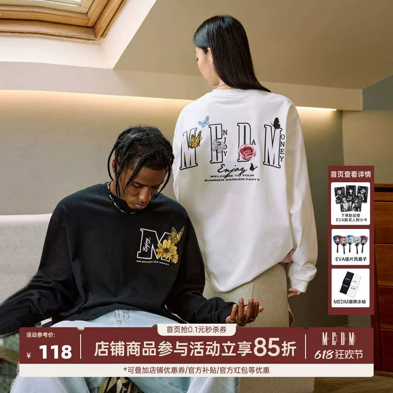 MEDM26SS Butterfly Garden Embroidered Long Sleeve T-shirt for Men and Women, Loose Spring and Autumn Dress, T-shirt, Bottom Coat