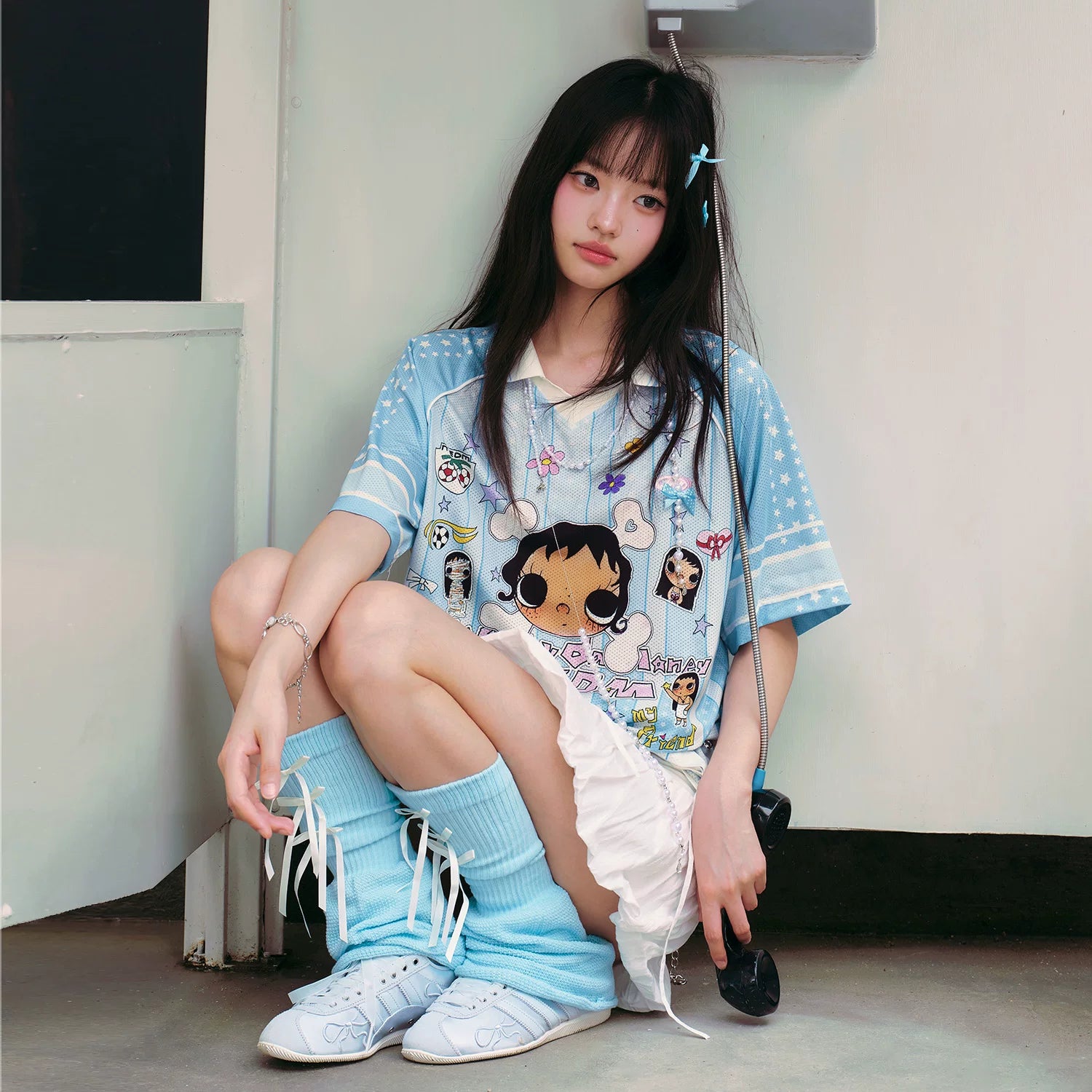 MEDM × YUY Jade Collaboration - Pattern Printed Letter Embroidered Casual Collar Jersey Short Sleeve Versatile Sweet Cool T-shirt