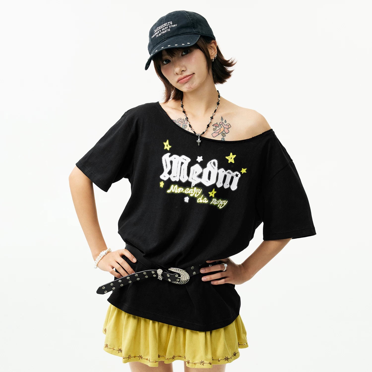 MEDM Graffiti Style Loose Edition Slant Shoulder Skin friendly T-shirt Street Lazy Style Versatile Breathable slimming casual short sleeved women