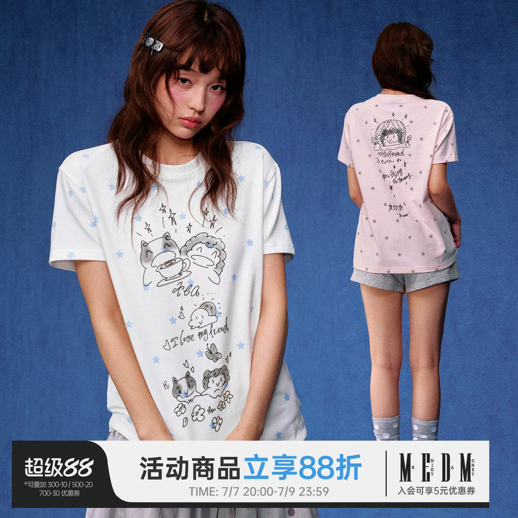 MEDM and Friends' Day Printed Full Star Casual Round Neck Short Sleeve Trendy Soft Skin friendly Loose T-shirt