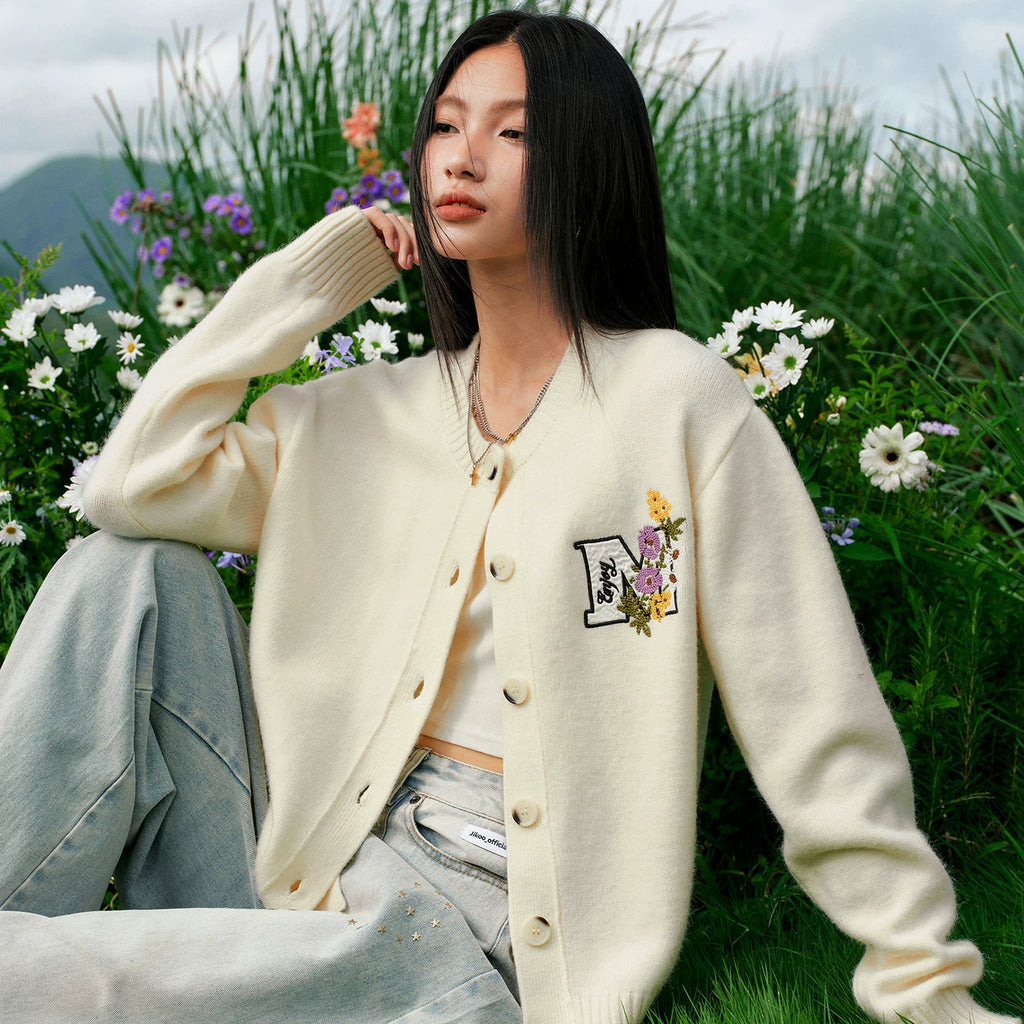 MEDM line floral embroidery casual cardigan sweater for spring and autumn men and women lazy loose couple knit sweater jacket