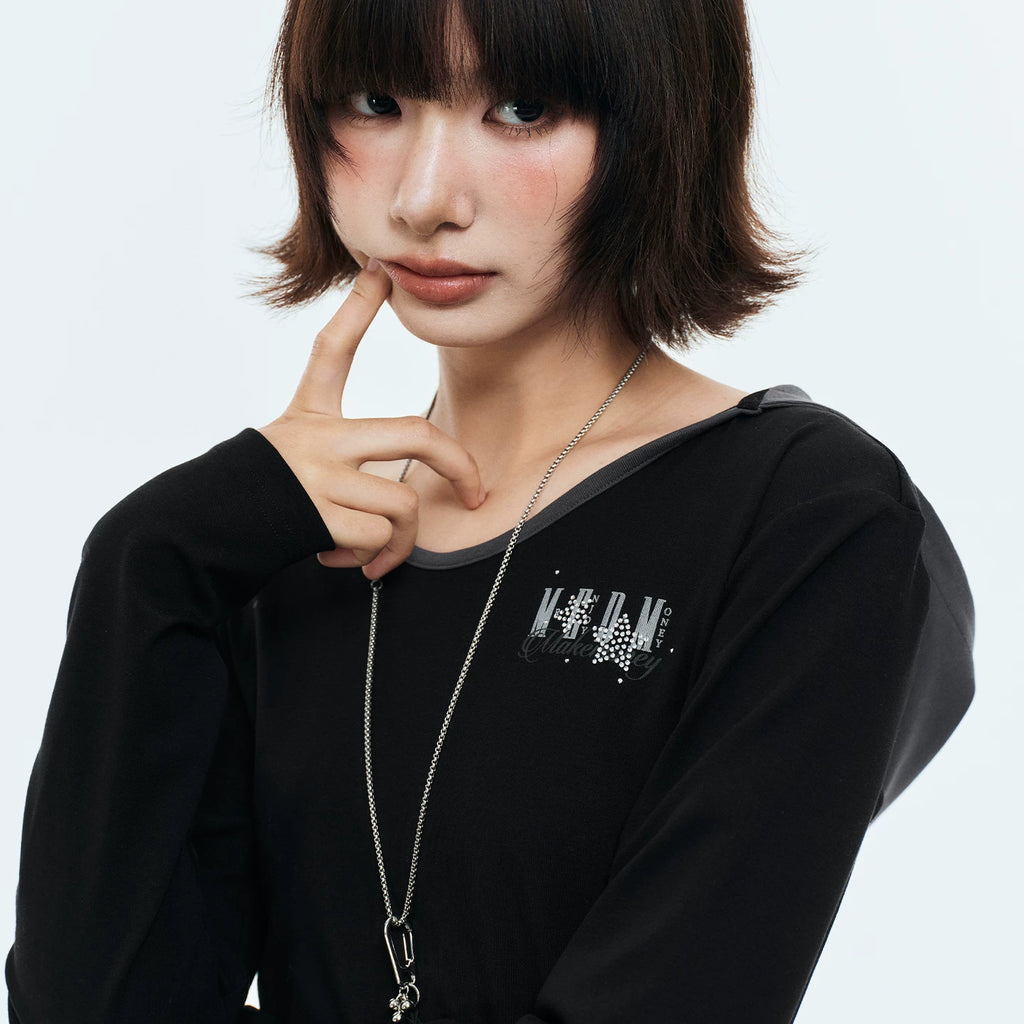 MEDM V-neck slim fit long sleeved casual hooded sweatshirt with rhinestone star logo for slimming, women's top for spring and summer