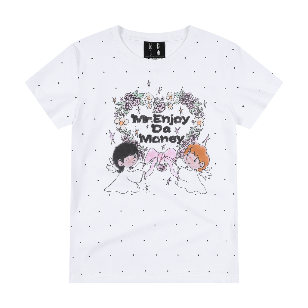 MEDM white floral wreath with little angel print casual round neck short sleeved shirt with full printed polka dot floral loose T-shirt for women, summer style