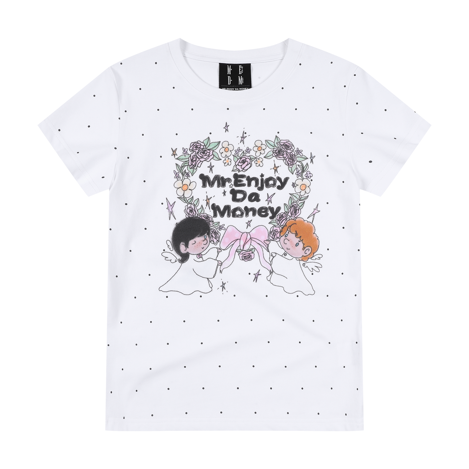 MEDM white floral wreath with little angel print casual round neck short sleeved shirt with full printed polka dot floral loose T-shirt for women, summer style