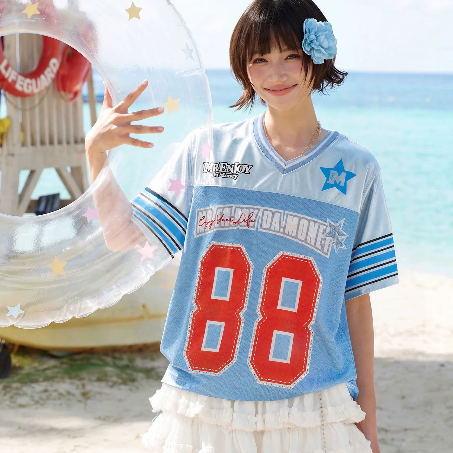 MEDM Couple T-shirt New Retro Splicing Color Contrasting V-neck Short Sleeve Top Versatile World Cup Jersey Long