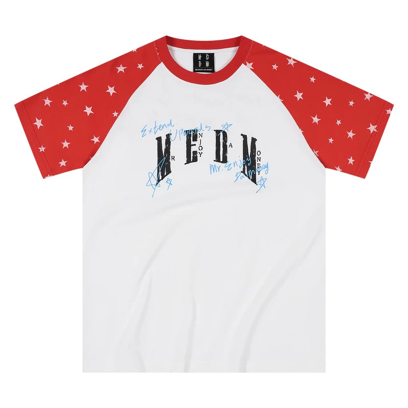 MEDM Handwritten Graffiti Printed Stars Full Print Casual Off Shoulder Short Sleeve Men's and Women's Loose Round Neck T-shirt Summer