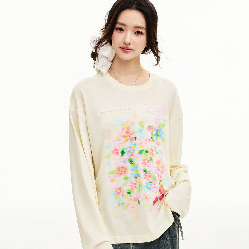 MEDM Spring Flower Shadow Printed Casual Round Neck Hoodie Long Sleeve T-shirt 26 New Breathable and Versatile Loose Top for Women