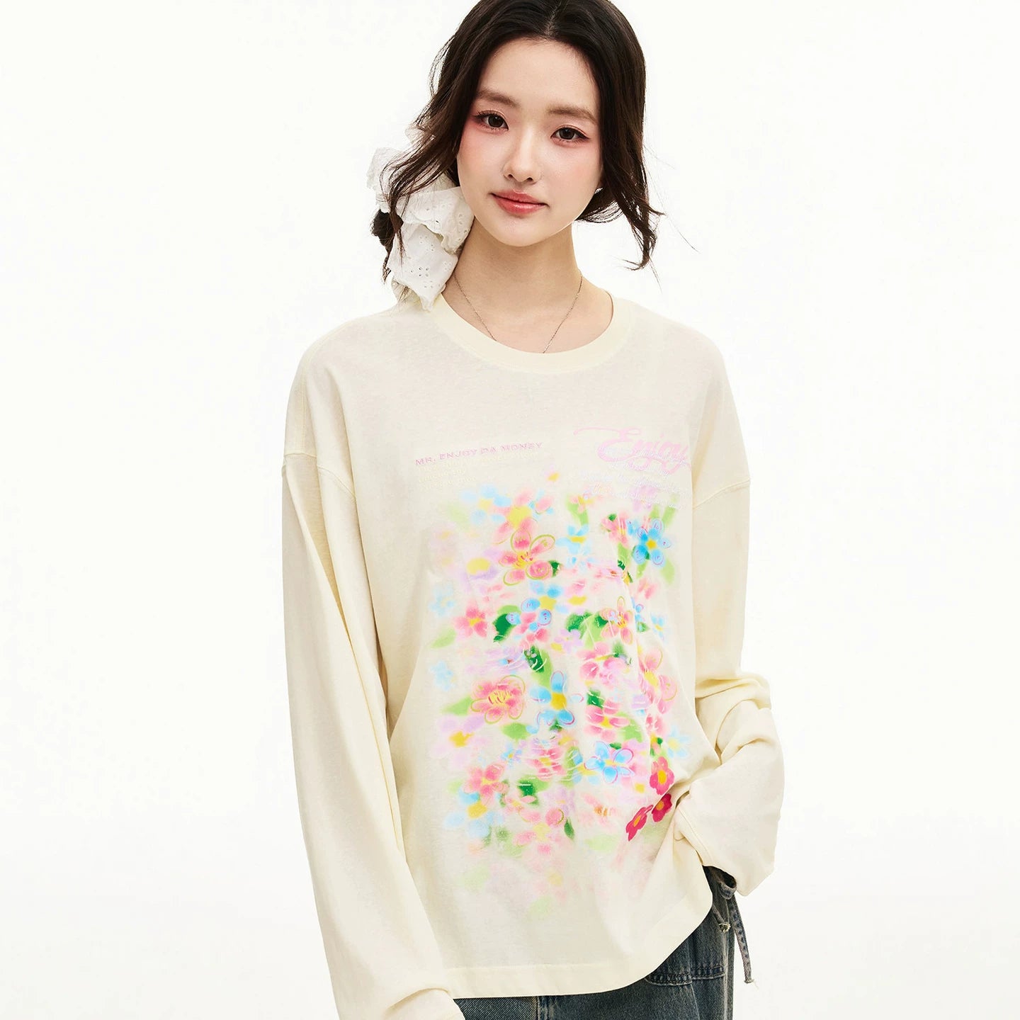MEDM Spring Flower Shadow Printed Casual Round Neck Hoodie Long Sleeve T-shirt 26 New Breathable and Versatile Loose Top for Women