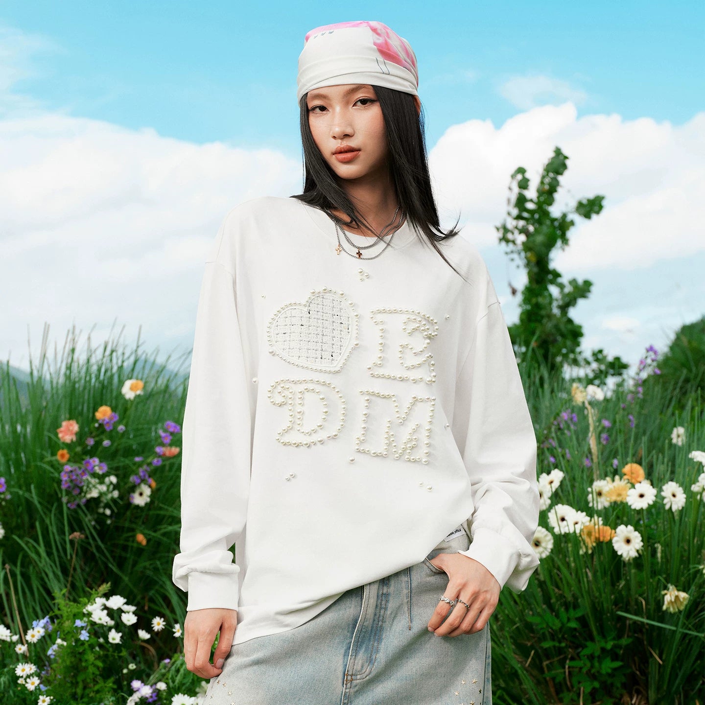 MEDM Love Sticker Small Fragrant Fabric Nail Bead Long Sleeve T-shirt Street Trendy Brand Couple Casual Bottom Shirt Top Autumn