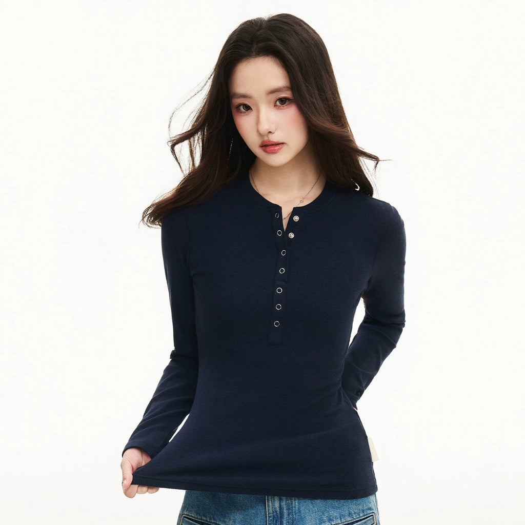 MEDM minimalist design woven label slim fit Henry shirt T-shirt for women, thin and high-end, slimming and versatile casual top for spring