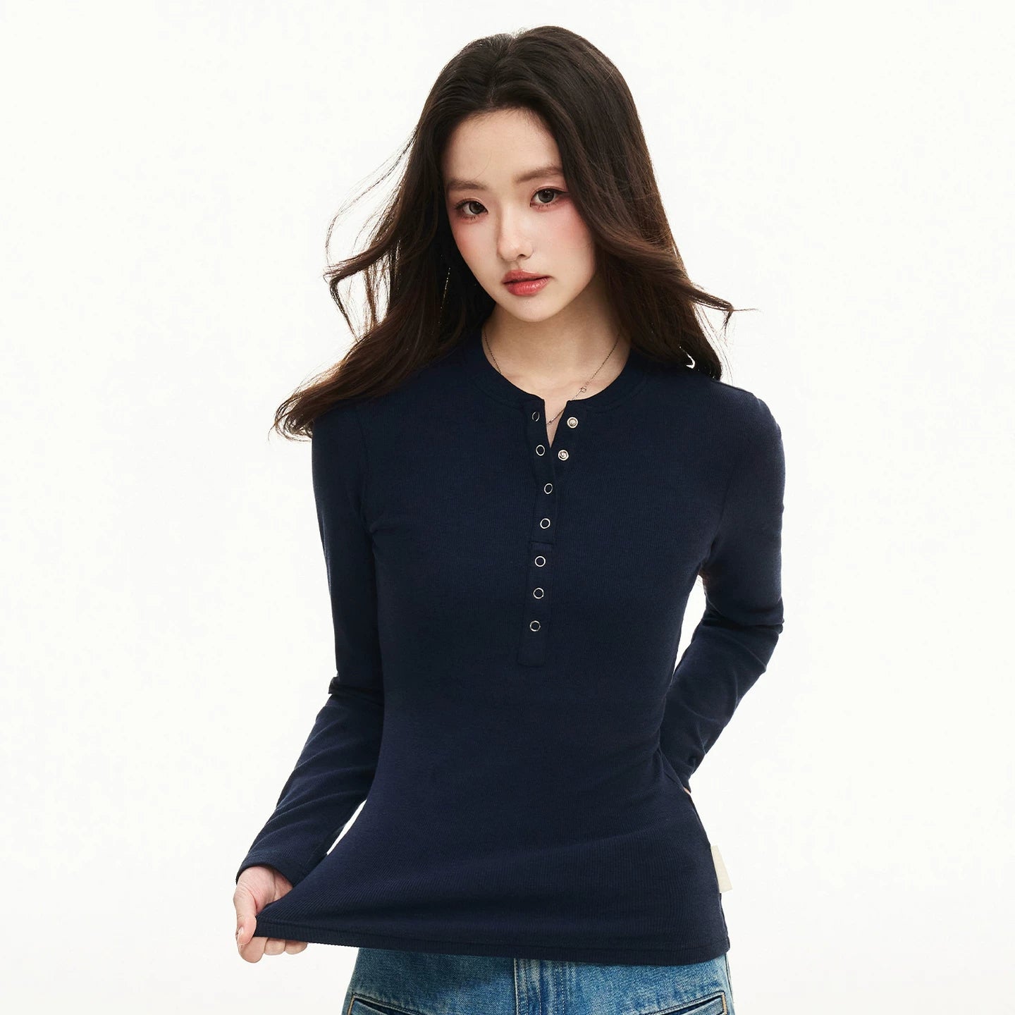 MEDM minimalist design woven label slim fit Henry shirt T-shirt for women, thin and high-end, slimming and versatile casual top for spring