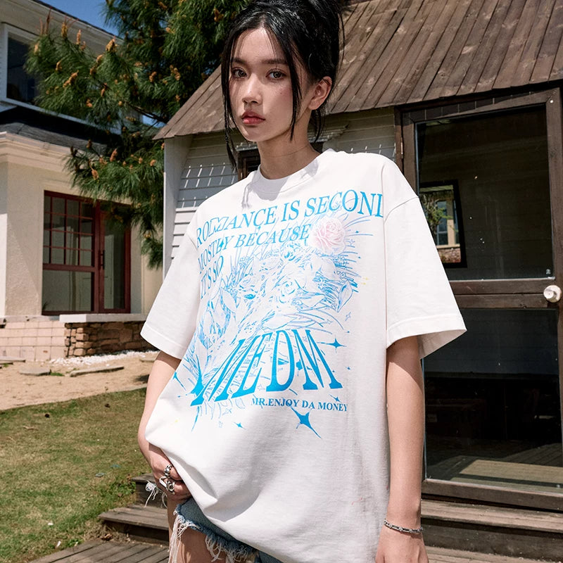 Zhang Guiyuan's same MEDM crystal rose short sleeved T-shirt for men and women, summer trend loose couple T-shirt