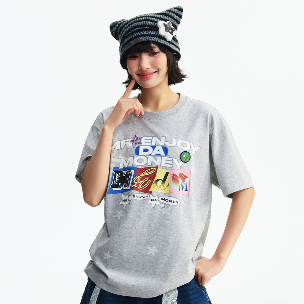 MEDM full print hand-painted star letter print embroidery casual round neck short sleeved trendy loose skin friendly couple T-shirt