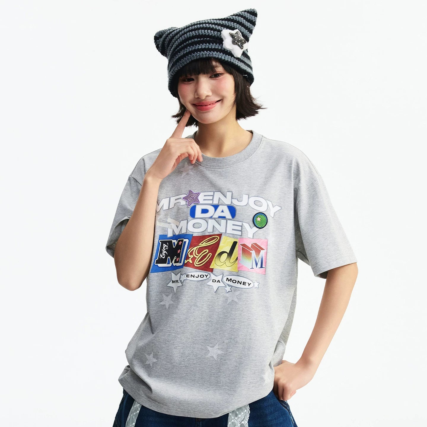 MEDM full print hand-painted star letter print embroidery casual round neck short sleeved trendy loose skin friendly couple T-shirt