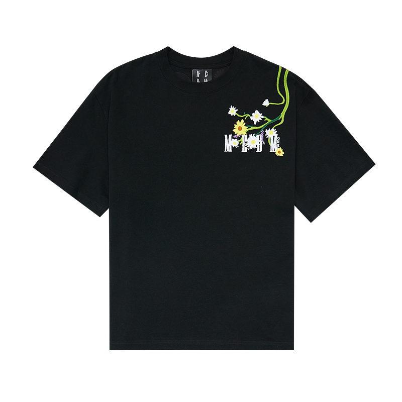 MEDM Wall Climbing Flower Daisy Embroidery Short Sleeve T-shirt for Men's Summer Trendy Brand American Hip Hop Loose Casual T-shirt