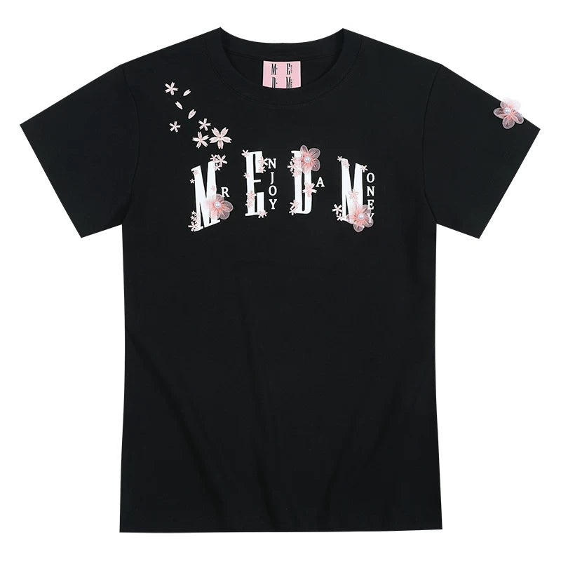 MEDM26SS cherry blossom shoulder over short sleeved men's loose five quarter sleeve summer casual T-shirt couple pullover top women