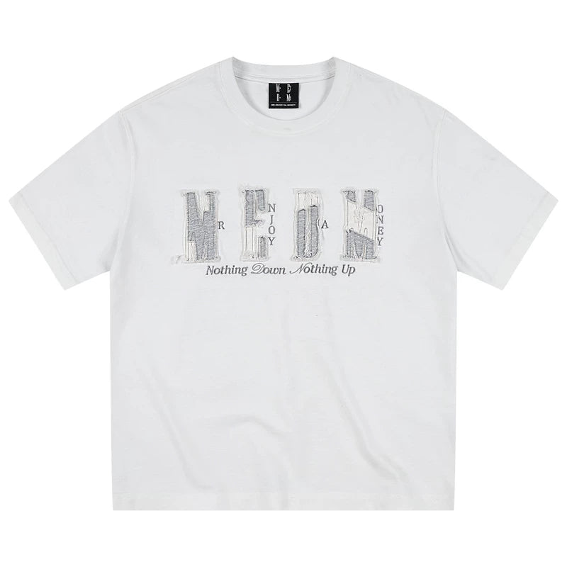 MEDM color blocking patch destroys letter logo embroidery casual round neck short sleeved trendy versatile loose couple T-shirt