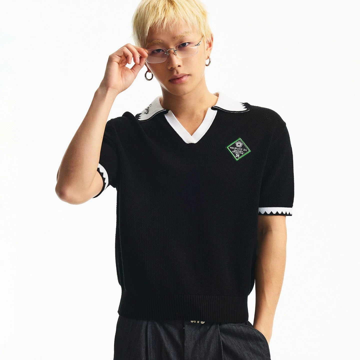 MEDM grid polo contrasting ribbed casual short sleeved street retro breathable lazy style loose couple T-shirt summer