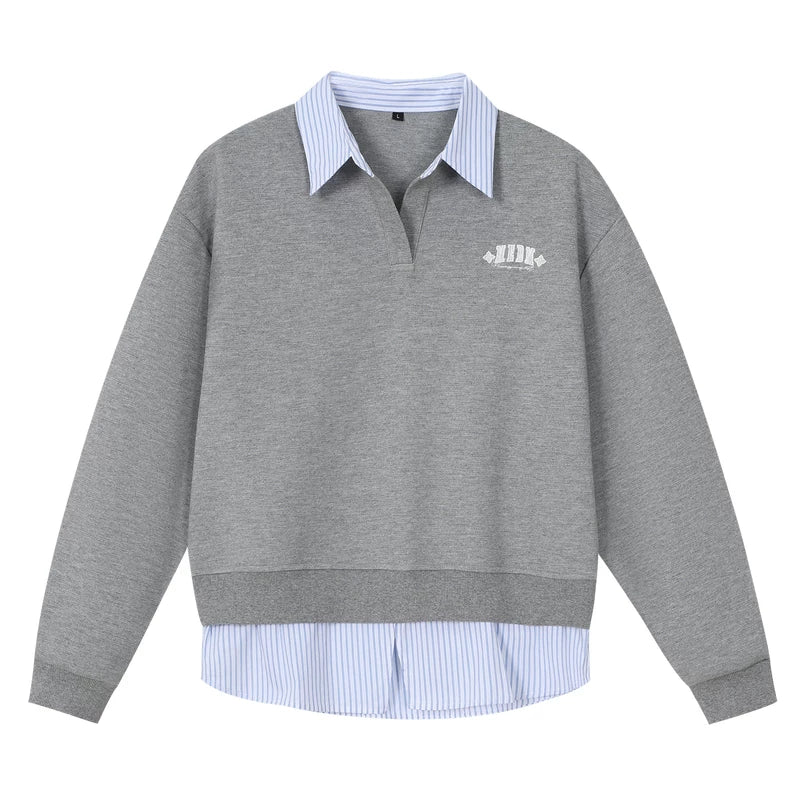 MEDM striped lace fake two-piece long sleeved polo shirt, men's and women's trendy brand loose and versatile casual collar top, autumn