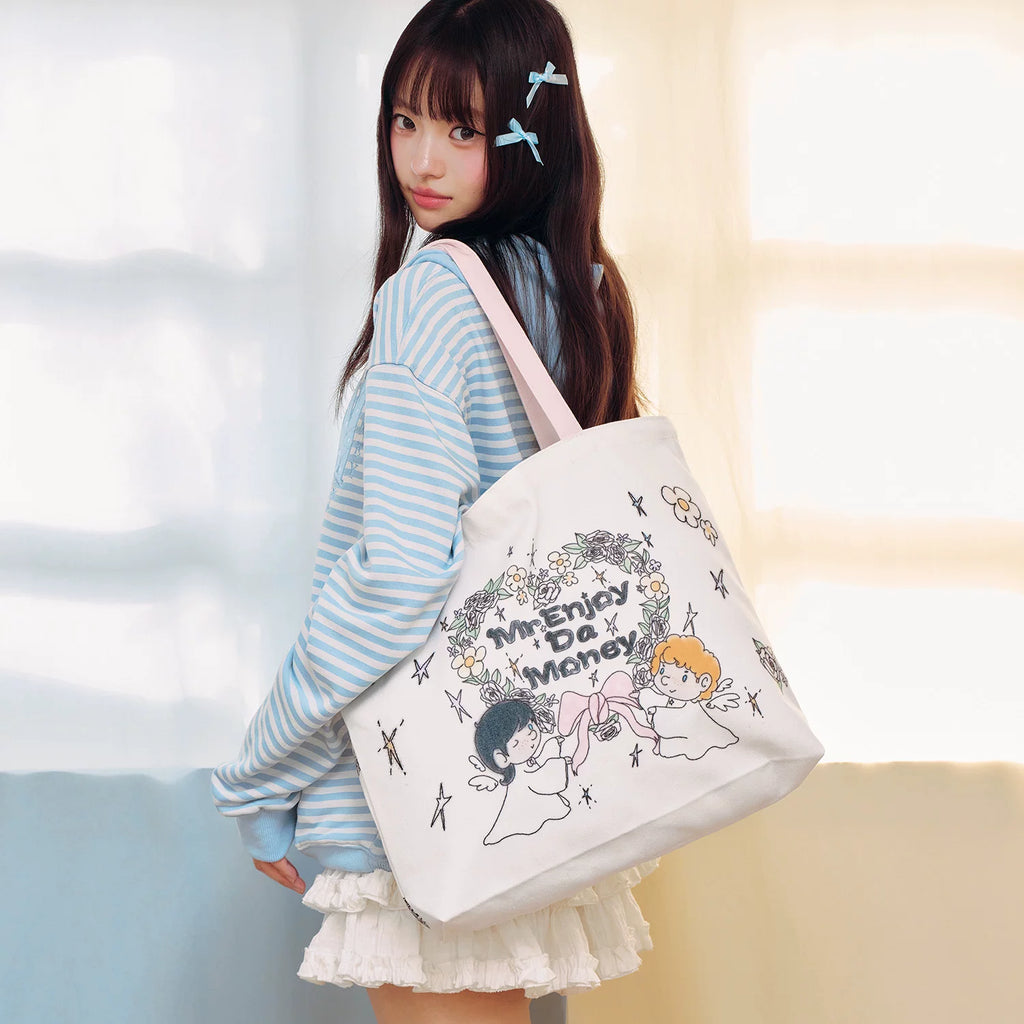 MEDM flower wreath, little angel digital printing, wear-resistant and casual large capacity canvas bag, personalized and cute style handbag